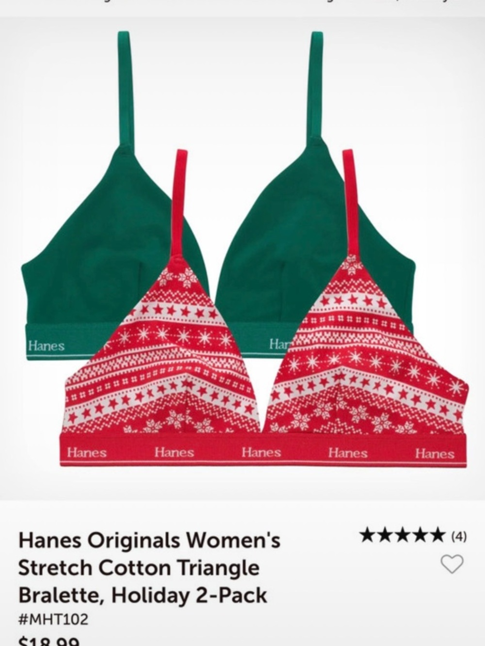 Hanes Women's Holiday Triangle Bralette 2-Pack - Green & Red